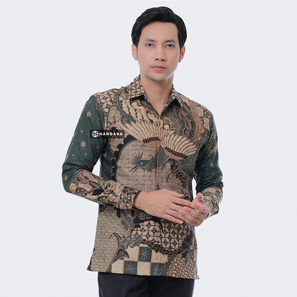 Baju Kemeja Batik Pria Lengan Panjang Slim Fit Premium Modern Full Furing Katun Halus Original Handara Motif Kailash Hijau HB-179