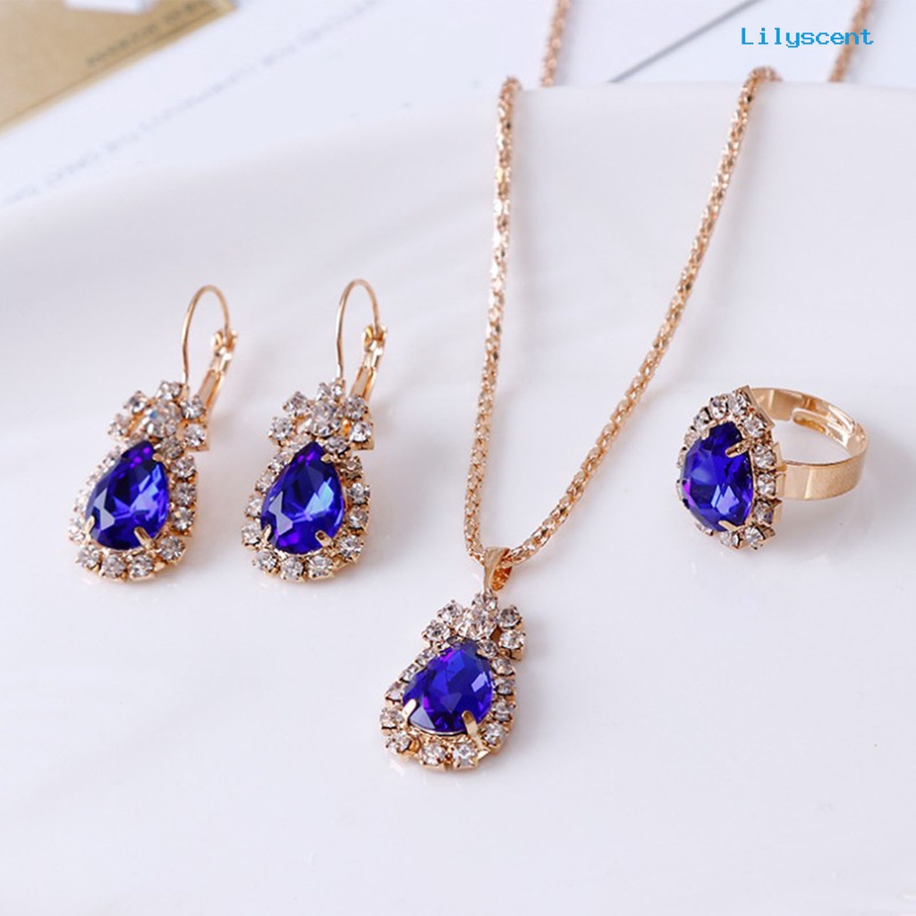 [LS] 3pcs/set Ladies Pendant Necklace Bentuk Tetesan Air Aksesori Tahan Aus Elegan Kalung Menjuntai Anting Cincin Set Untuk Pernikahan