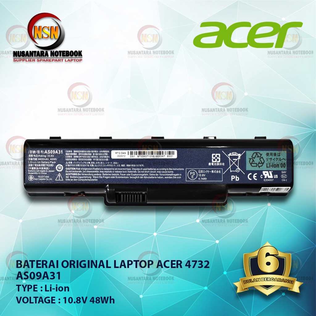 Baterai Original Laptop Acer AS09A41 for Laptop Series 4732z 5732z 4332 5516 10.8V 48Wh