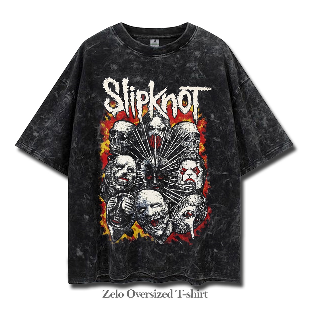 kaos Slipknot band Oversized T-Shirt Stone Wash Kaos Oversize Slipknot Woshing tee