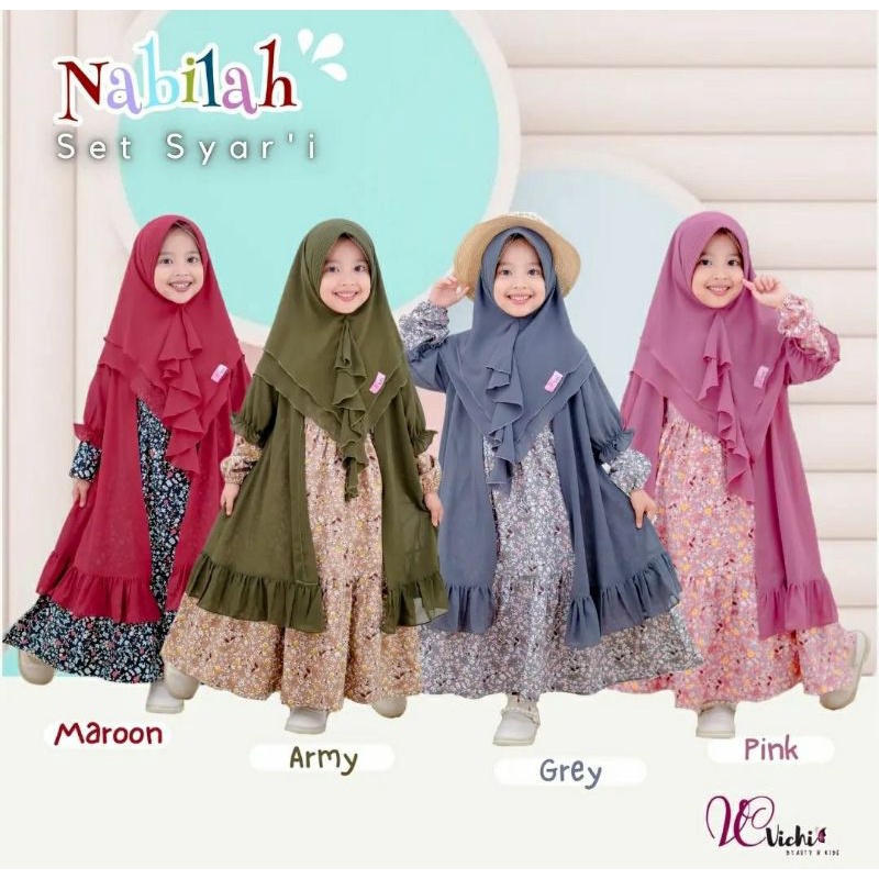 Gamis 3in1 syari outer anak motif bunga /gamis syari syakila premium mix ceruty premium by vichi