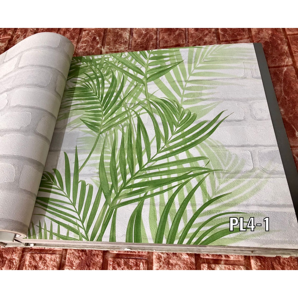 Wallpaper Dinding Korea Roll Besar Motif Daun Hijau Dasar Bata Abu Pl