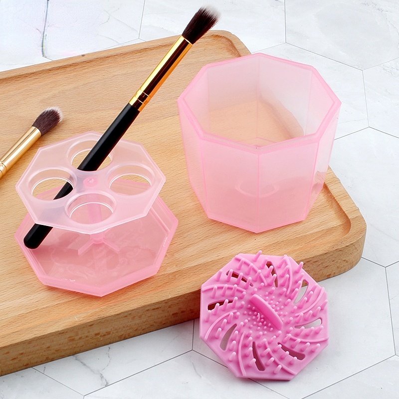 Kotak Pembersih Kuas Kosmetik Portable Kecil Universal Alat Kecantikan Brush Cleaning Drying Bracket Cleaning And Drying Two In One Beauty Brush Storage Box