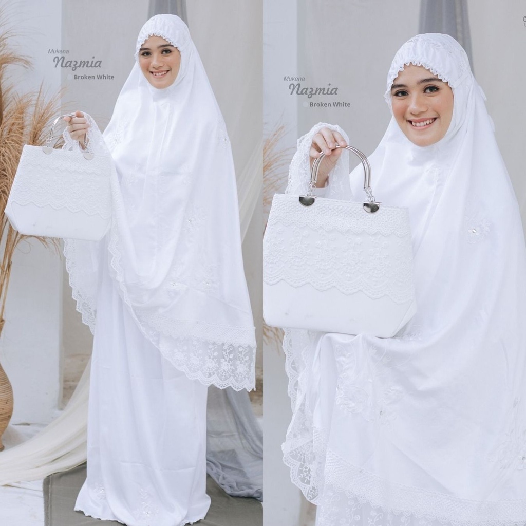Mukena Nazmia Putih Tulang  Mukena Cantik  Mukena Bordir Manual  Mukena Premium  Mukena Dewasa Muken