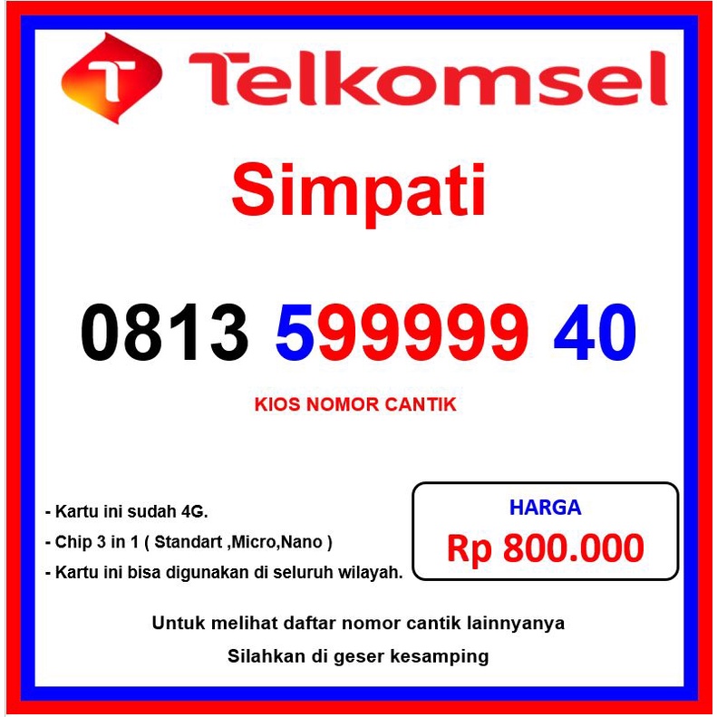 nomor cantik simpati 99999 kartu perdana telkomsel nomer cantik seri panca 0813 599999 40 4g lte lim