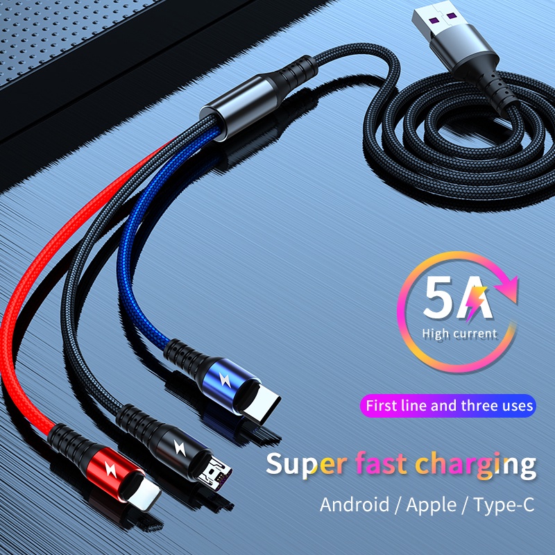 5a Kabel Cas Vooc Super Cepat Nylon Braided 3in1 Micro Usb Charging Cable Untuk i-Phone Android Tipe C Jalur Data