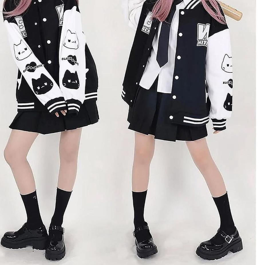 BLACK WHITE BASEBALL JAKET VARSITY WANITA | VARSITY JAKET KOREAN STYLE | BASEBALL JAKET