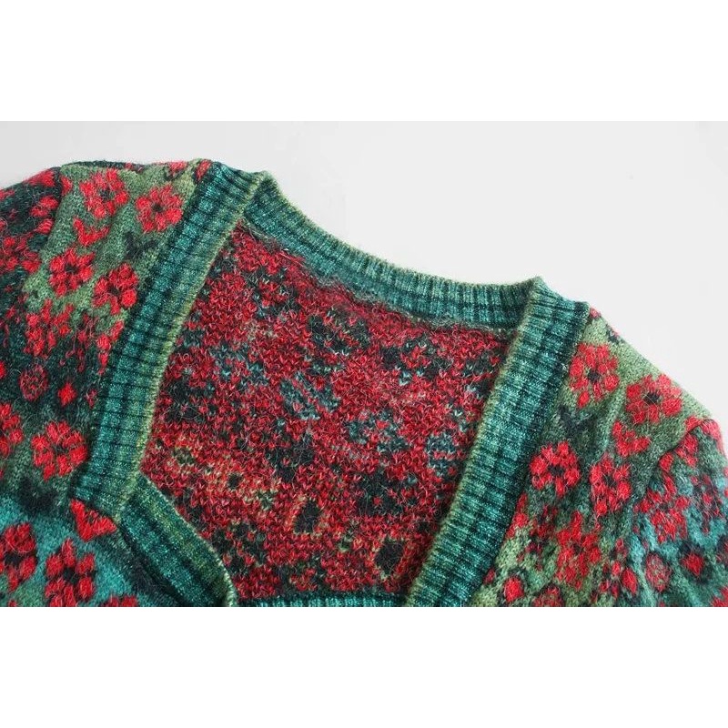 Women Fashion Jacquard Cropped Knitted Vintage Cardigan Sweater