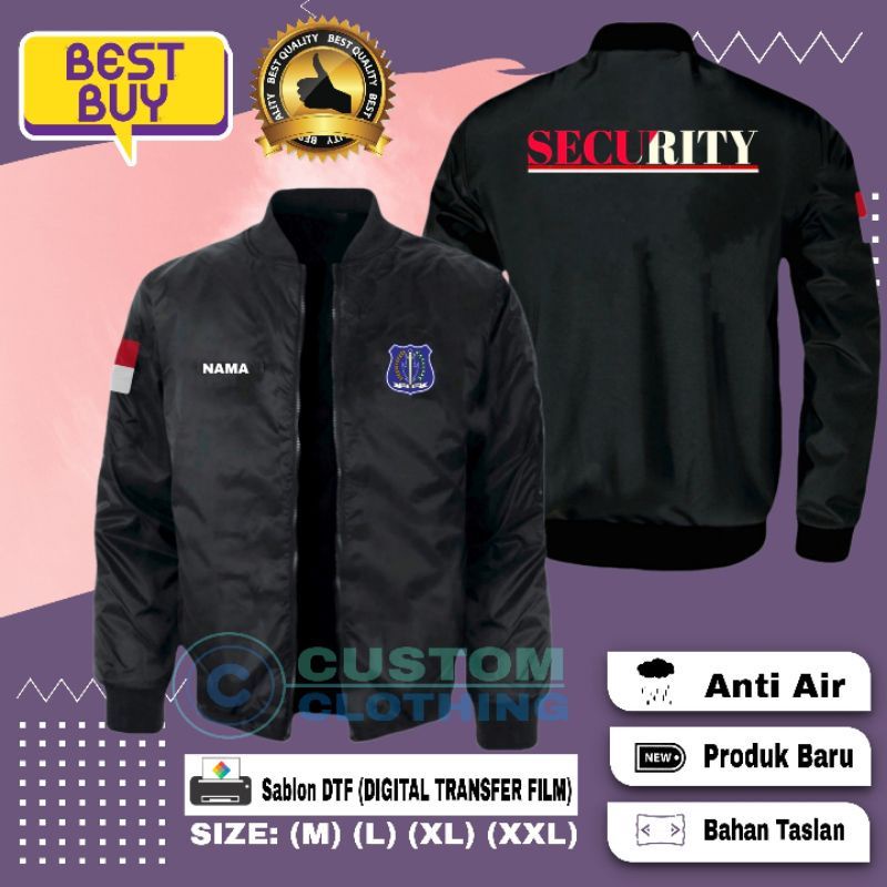 Jaket Bomber Security Satpam Bahan Taslan Waterproof Anti Air Free Nama