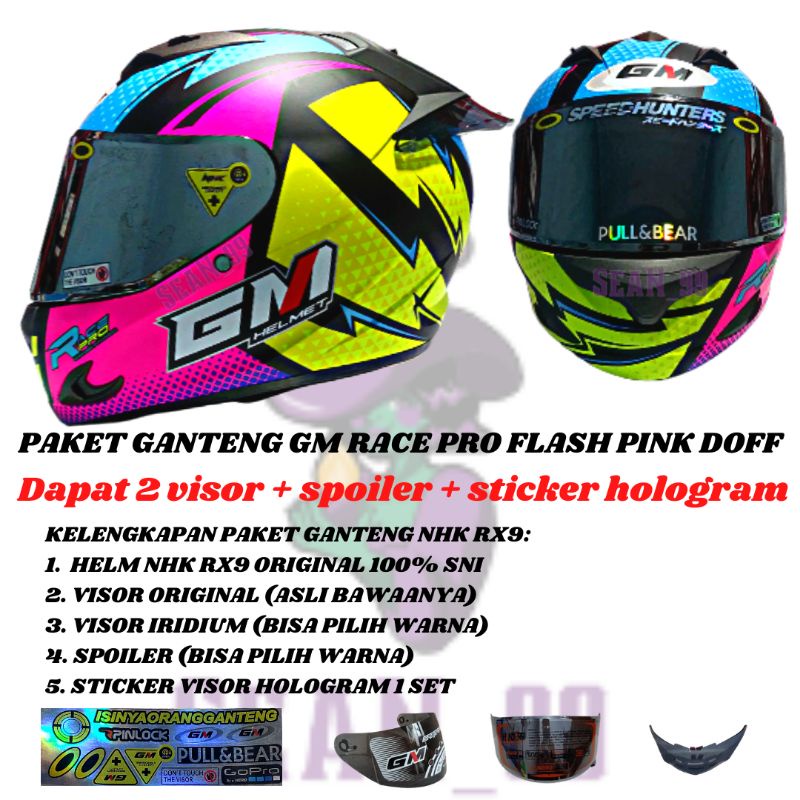 HELM GM RACE PRO FLASH BLACK PINK DOFF FULL FACE ORIGNAL SNI ( PAKET GANTENG GM RACE PRO )