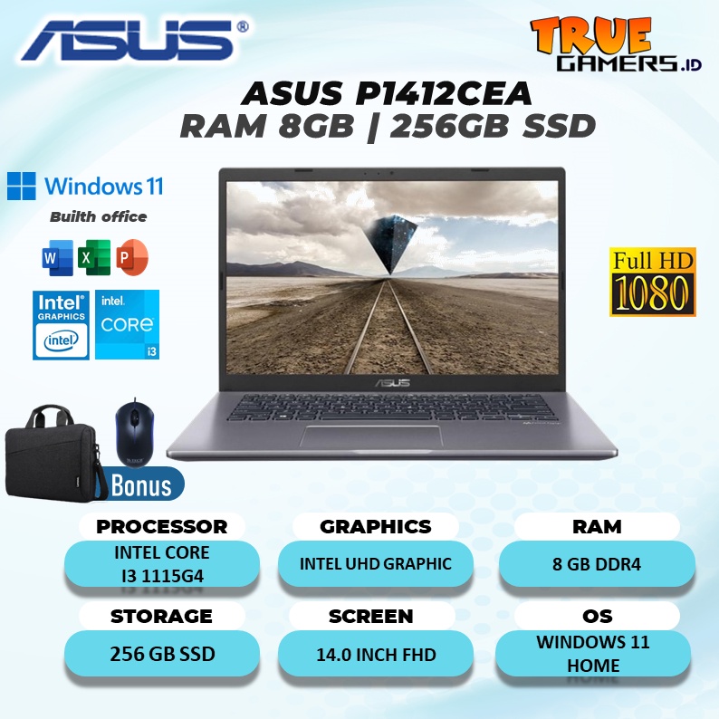 LAPTOP ASUS ASUS P1412CEA  I3 1115G4 8GB 256SSD WIN11 FREE OHS 14.0FHD 2YR