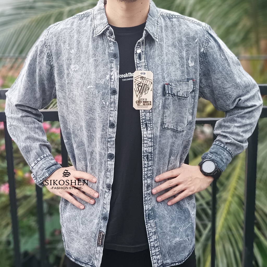 Kemeja Denim Jeans Lengan Panjang Kemeja Panjang Denim Washing Pria