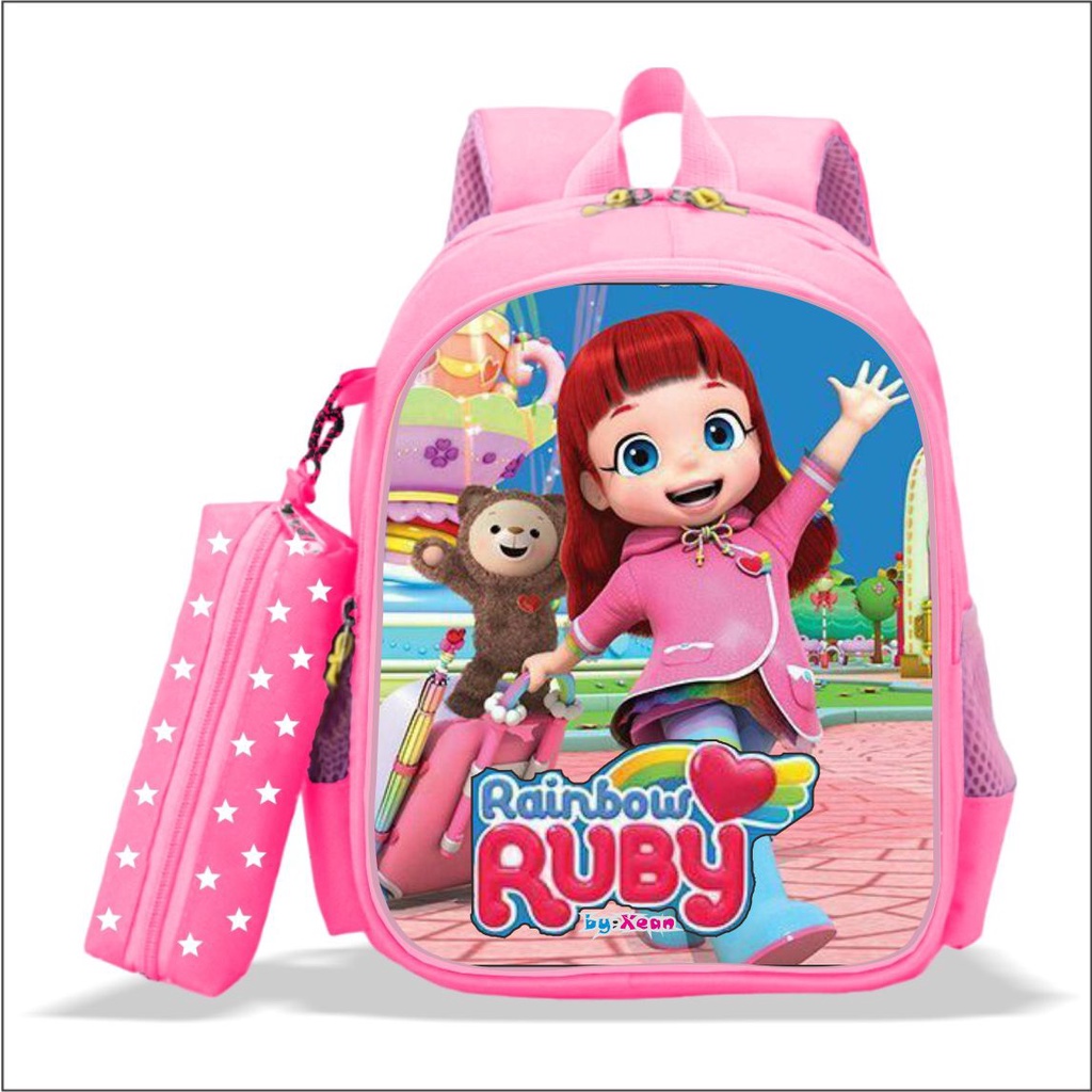 Tas Ransel Sekolah Anak Perempuan TK dan SD Karakter RAINBOW RUBY Premium Bonus Tempat Pensil