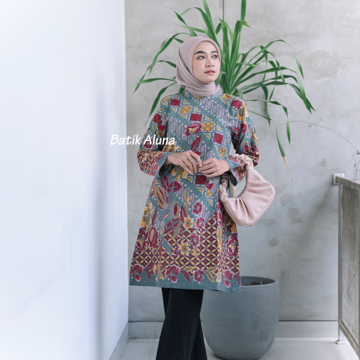 Baju Batik Wanita Premium Modern Kantor Elegan Tunik Lengan Panjang FASHION BATIK ALUNA