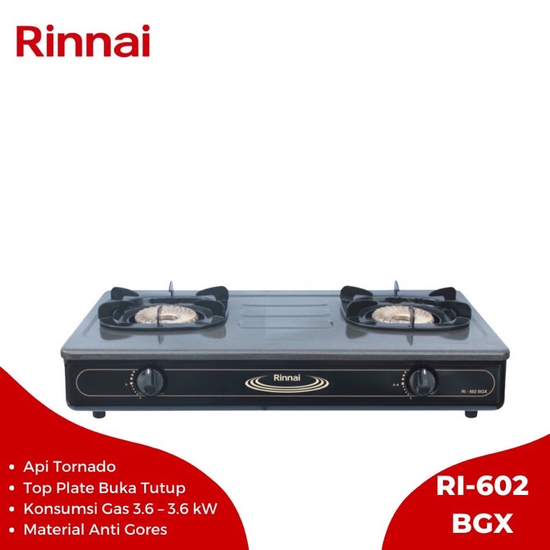 KOMPOR GAS RINNAI RI602BGX / RI-602BGX / RI 602 BGX [2 TUNGKU] 100% ORI