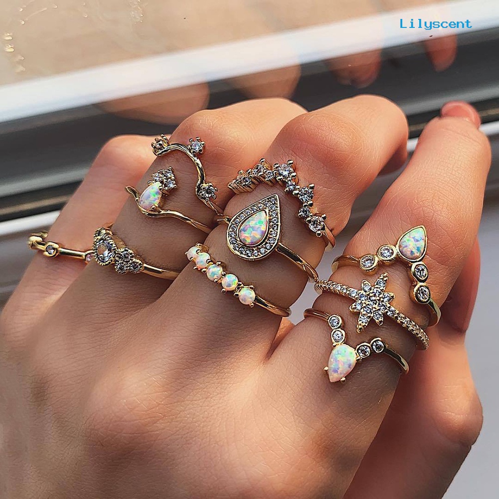 [LS] 10pcs/set Lady Water Drop Bintang Mahkota Opal Imitasi Susun Knuckle Midi Finger Ring