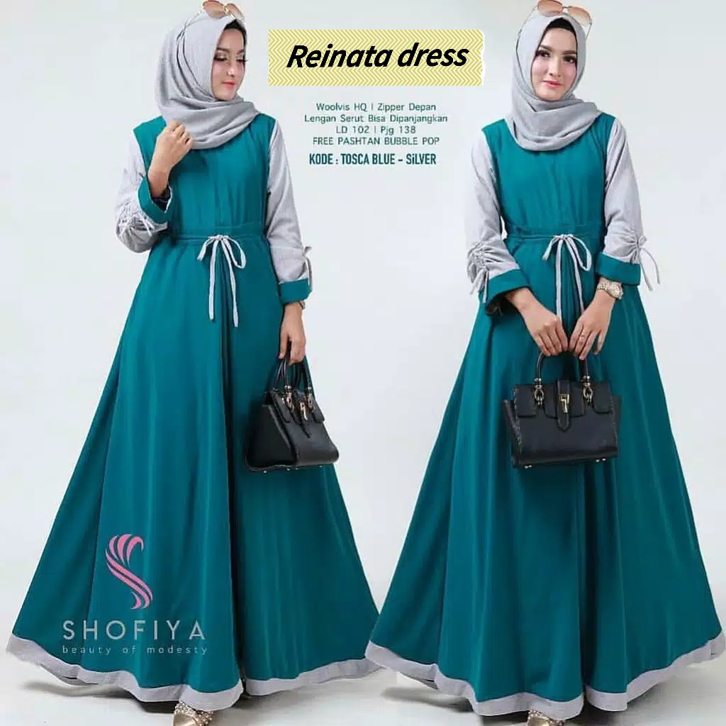 Reinata - Gamis Baju Dress Kondangan Busui Tali Pinggang Pita Lengan Tangan Kerut Warna Polos Hijau 