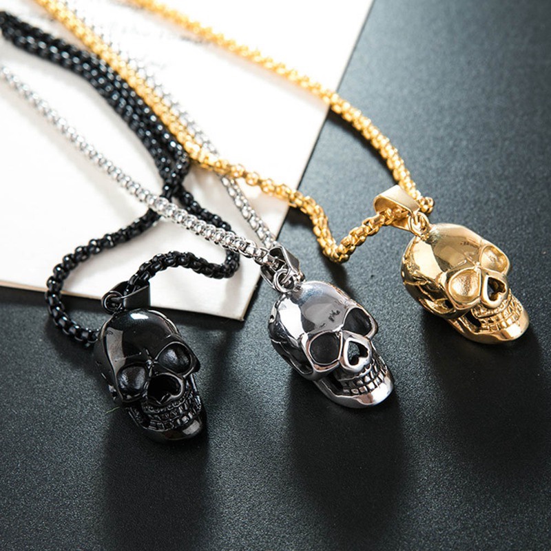 Punk Rock Kalung Pria Pesona Biker Gaya Motor Hitam Stainless Steel Tengkorak Tengkorak Liontin Necklaces