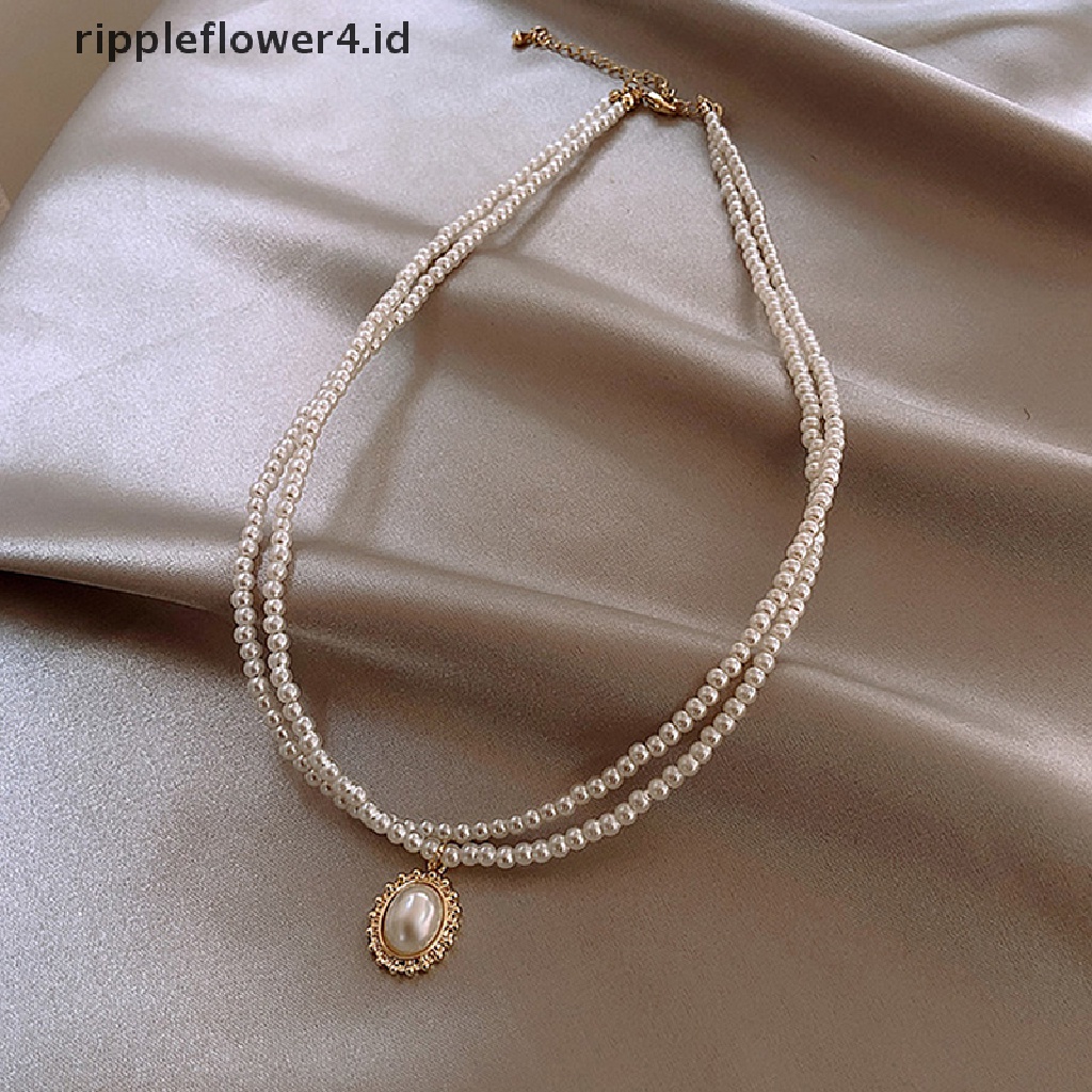 {rippleflower4.id} Kalung Liontin Kerah Mutiara Double Layer Elegan Perhiasan Wanita Choker~