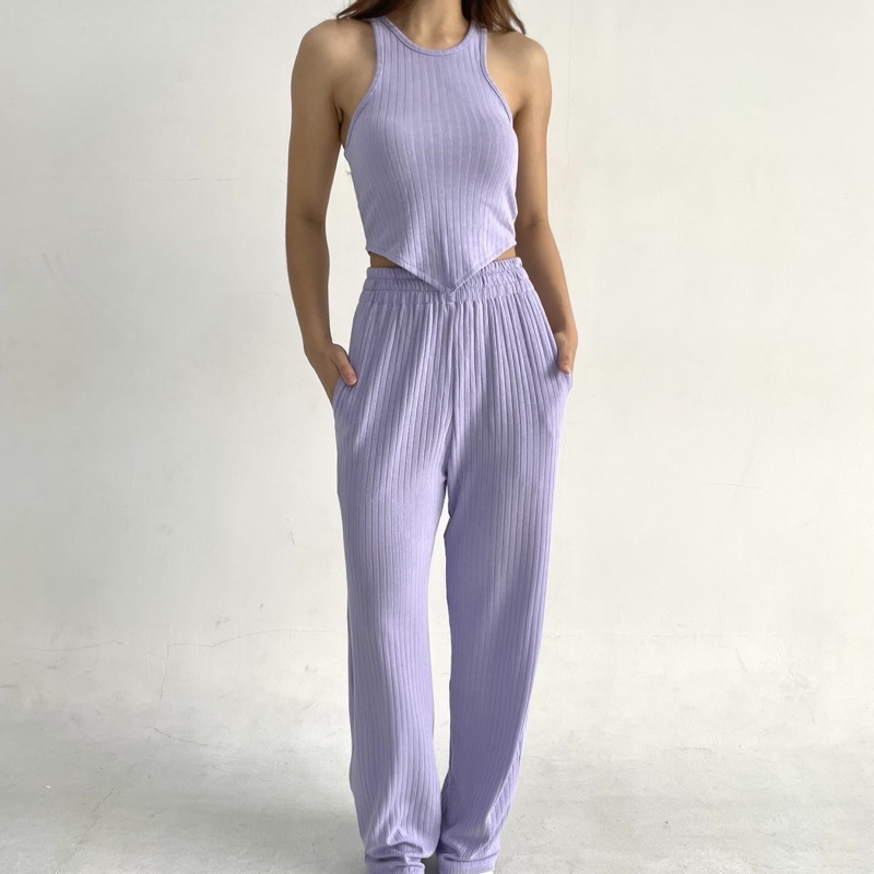 LOU SET | Setelan Wanita Ribbed Knit Set Tanktop Celana Panjang Highwaist Highwaisted Pants