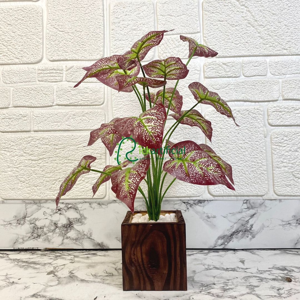 Pohon Hias Plastik Daun Keladi Ungu X18 Pot Kotak Motif Dekorasi Kamar Aesthetic