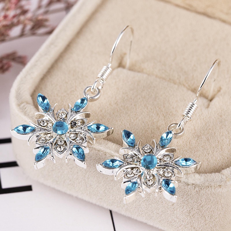 Anting Menjuntai Bunga Snowflake Gaya Korea Untuk Wanita Manis Biru Zirkon Drop Earrings Perhiasan Pernikahan