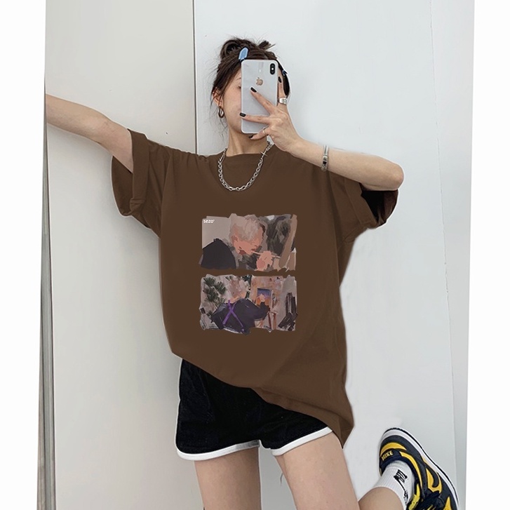 [100%  Katun]baju kaos wanita lengan pendek vintage oversize pattern printed T-shirt import kekinian kaos cream