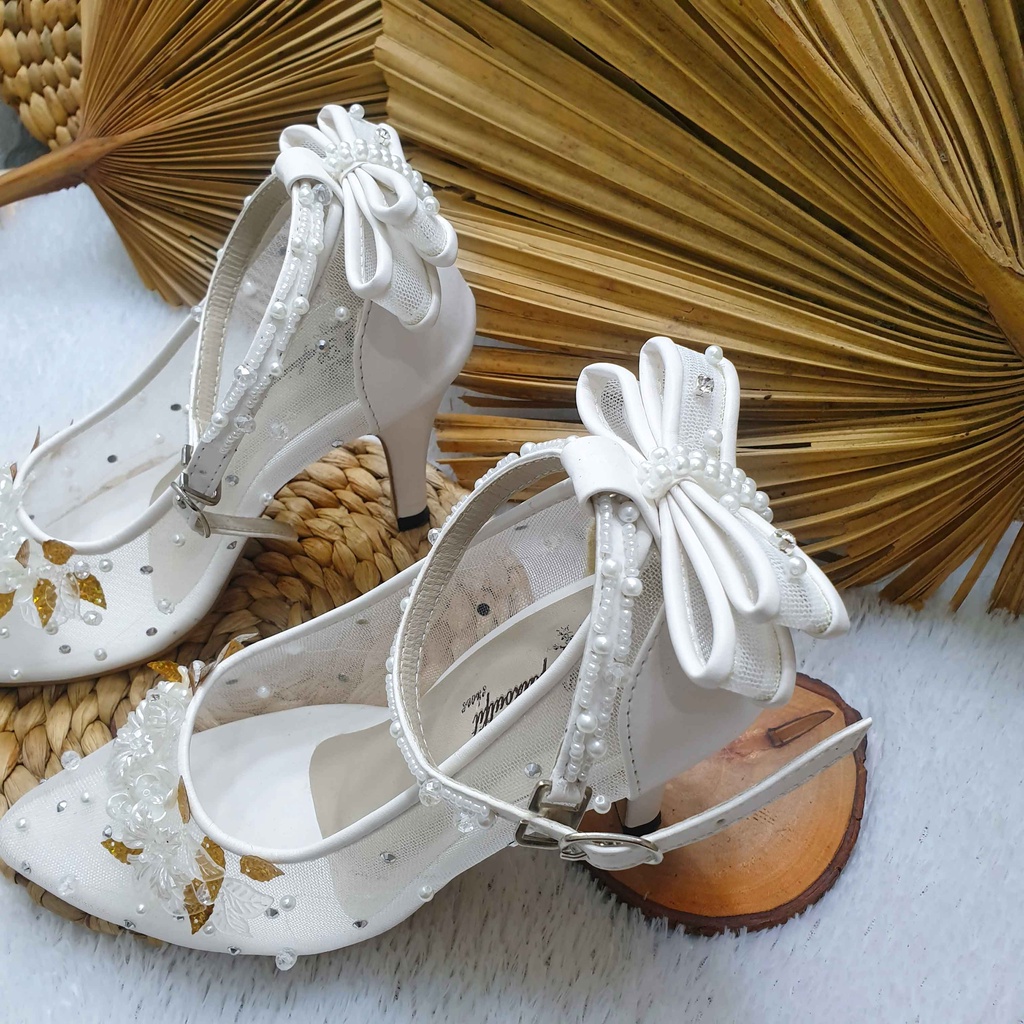 Sepatu wedding cantik Ayyara putih tali pita cantik hak 9 cm