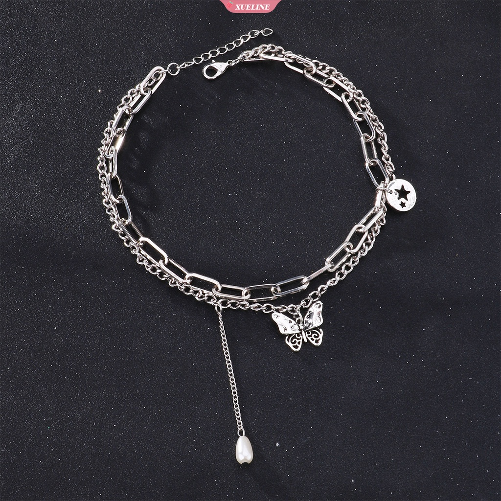 Fashion Mutiara Kupu-Kupu pentagram Liontin Pria Dan Wanita Rantai Samping Gaya hip-hop double-layer Rantai Grosir [ZXL]