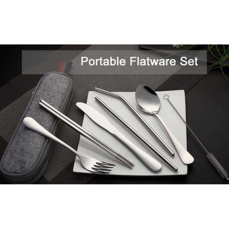 KNIFEZER Set Alat Makan Sendok Garpu Pisau Sumpit Sedotan - EA02300 Silver