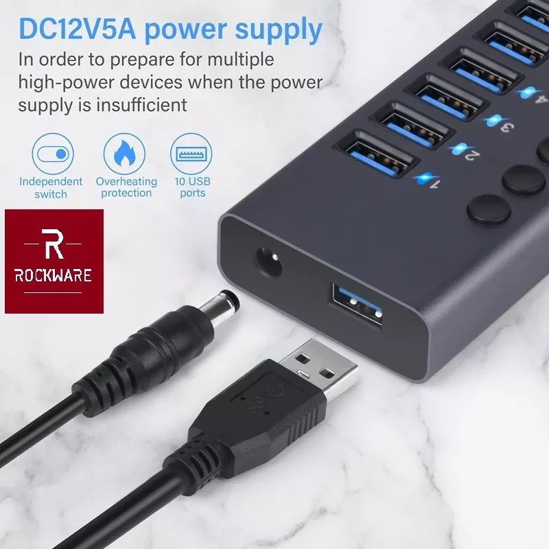 ROCKWARE WLX-985A - 10 Port USB 3.0 HUB - 5Gbps Hi-Speed Transmission