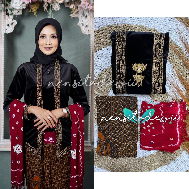 [1 Set, DHT02C] Kebaya Bordir, Jarik Instan + Selendang Jumputan / Model Ajeng