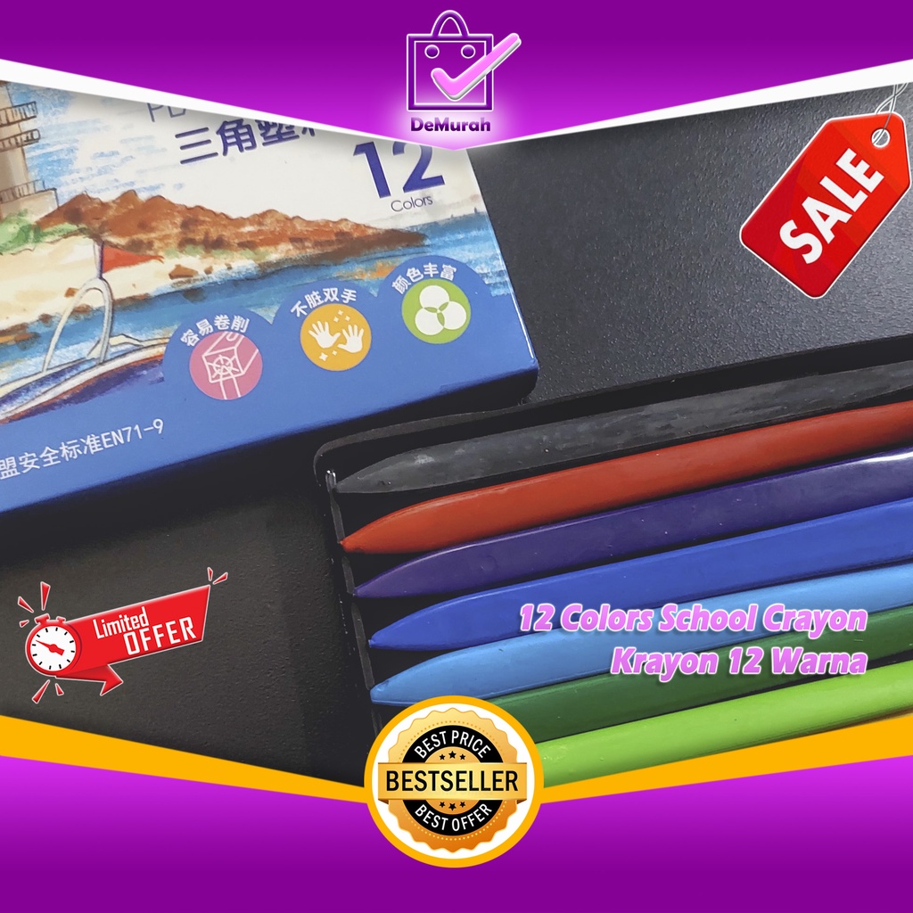 

12 Colors School Crayon/Krayon 12 Warna - Plastic Crayon Triangle 0857