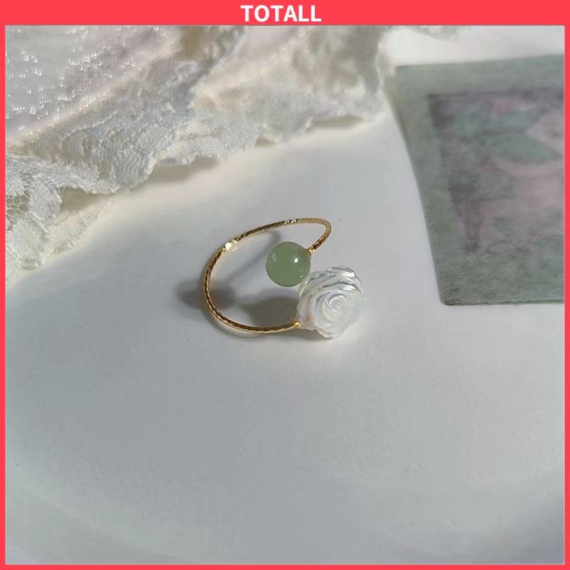 COD Cincin Wanita Pembuka Bunga Mawar Putih Giok  Kemewahan Cahaya Cincin Desain Niche-Totall