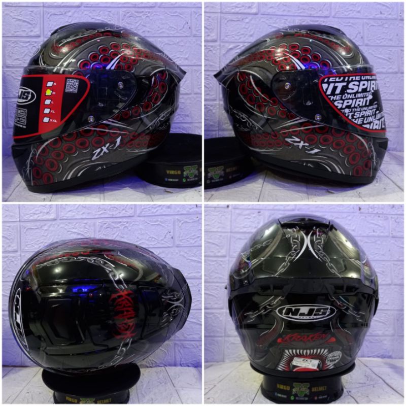 HELM FULL FACE NJS ZX-1 MOTIF KRAKEN BLACK RED NJS ORIGINAL TERMURAH