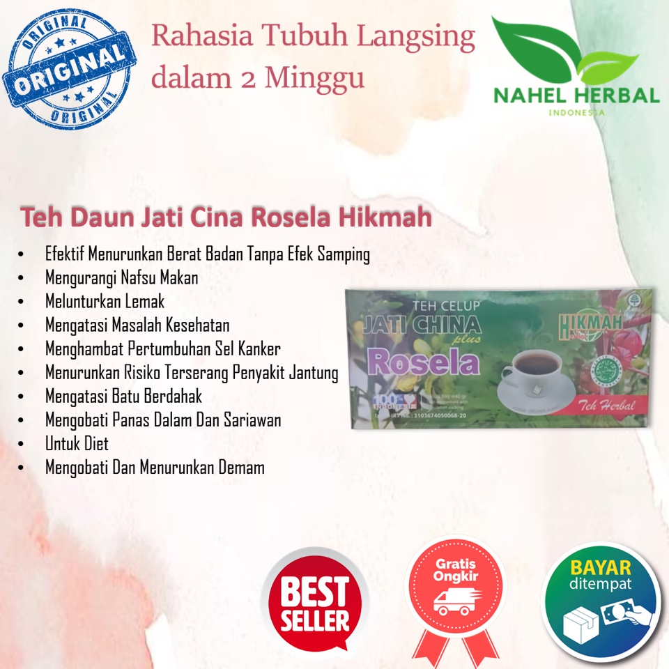 Terbukti Teh Celup Pelangsing Badan Daun Jati Cina Rosela Hikmah 100% Original Bpom - Obat Diet Deto