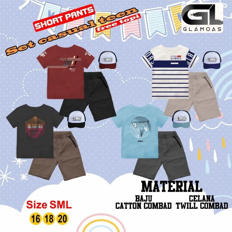 glamoas setelan casual kaos lengan pendek celana pendek free topi kimokids