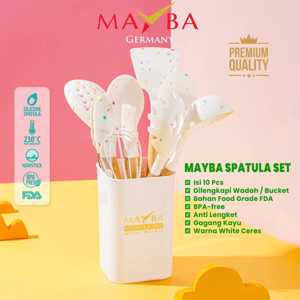 Spatula silicon set Wooden handle MAYBA GERMAN 10 PC Sendok masak silicone / sutil dapur silikon