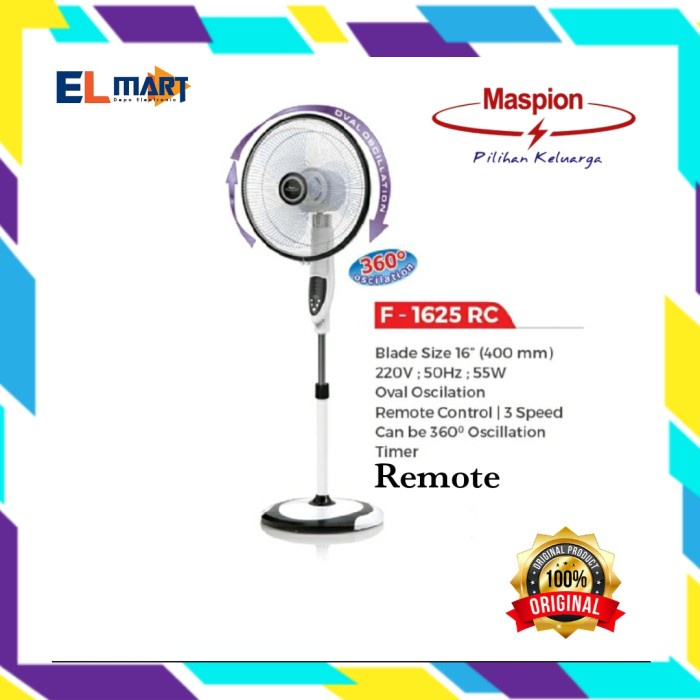 Maspion Kipas Angin Berdiri Remote 16 Inch Oscilation Fan 360⁰ F 1625RC 1625 RC F1625RC Putar 360 Derajat