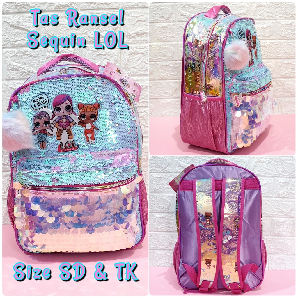 Tas Sekolah Ransel Anak TK dan SD Motif Sequin Koin Gambar LOL dan Mermaid Backpack Anak Perempuan TK dan SD