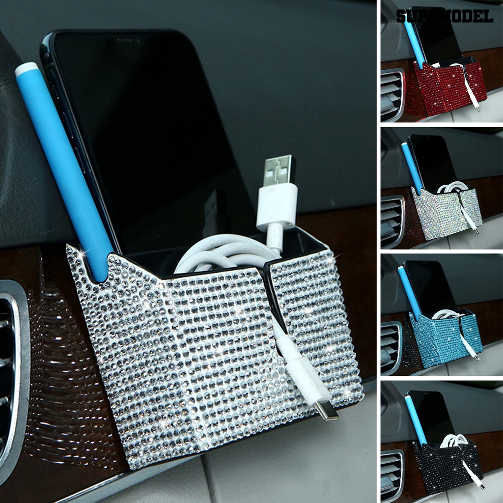 [Dekorasi] Kotak Penyimpanan Mobil 2-kompartemen Tahan Air Anti Jatuh Anti Gores Tempel Jenis Berlian Imitasi Bertatahkan Casing Ponsel Mobil Untuk Kendaraan