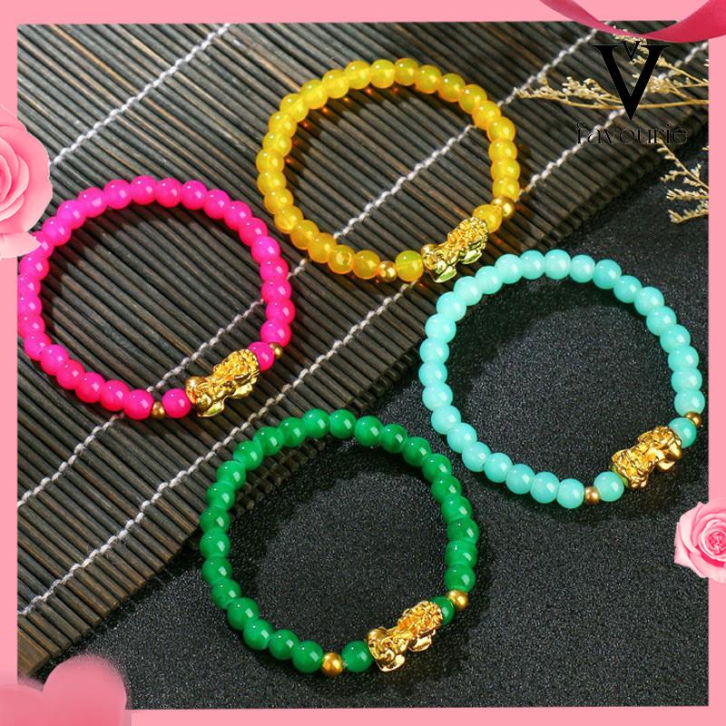 CODGelang Batu Akik Manik-manik Lucky Pixiu Gelang Indah Memakai Tali Elastis Tahan Banting Manik-manik Kristal Berwarna-warni -FA