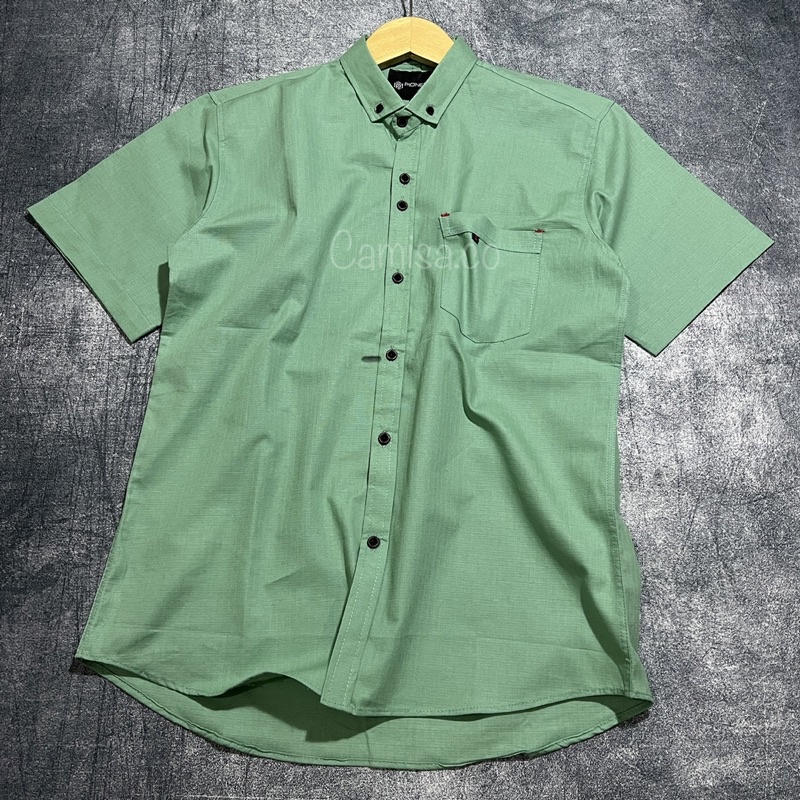 KEMEJA PRIA SAGE GREEN POLOS LENGAN PENDEK COTTON CIGARET PREMIUM CAMISA.CO HEM PRIA KASUAL SAGE PAK