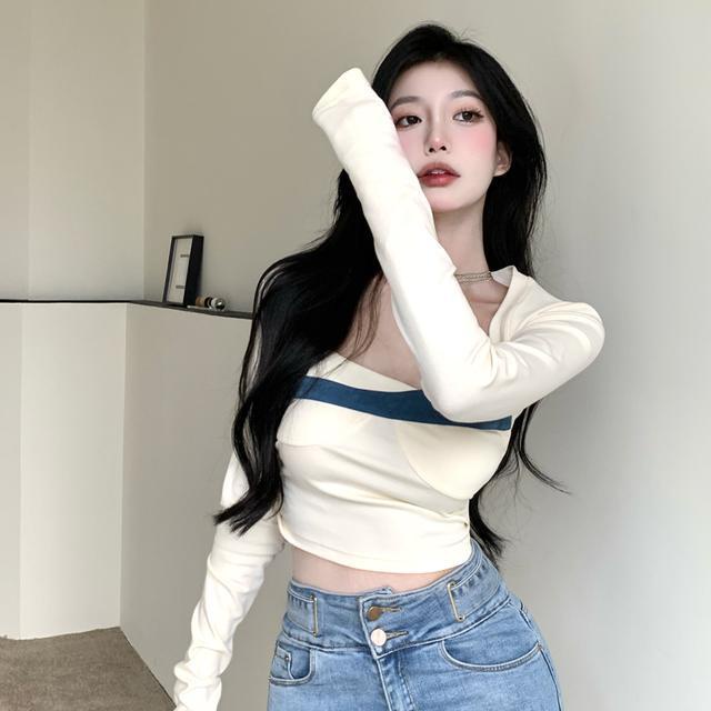 Suhao Warna Kontras Kerah Persegi Sweater T-shirt Wanita Setelan Jas Pendek Ketat Tube Top Kemeja Putih Atasan Lengan Panjang