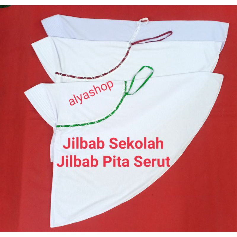 Jilbab Sekolah # Jilbab Pita Serut Putih, Merah dan Hijau