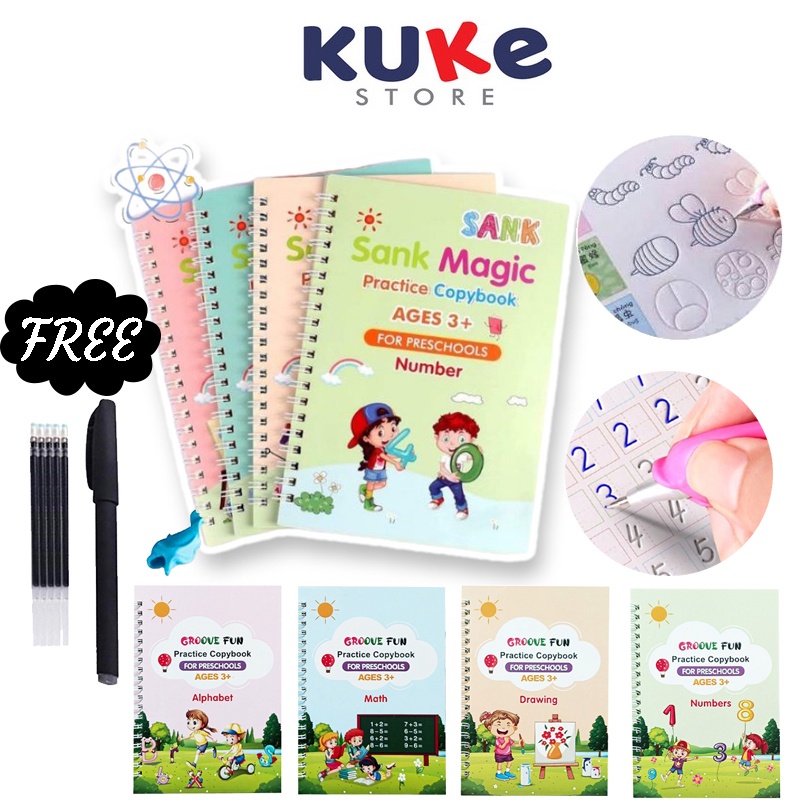 

KUKE SANK MAGIC Pratice Book 1 Set Isi 4 Buku dan Pulpen / Buku Belajar Menulis Huruf dan Angka Anak Paud 3d / Pratice Writing Book / Buku Belajar Anak