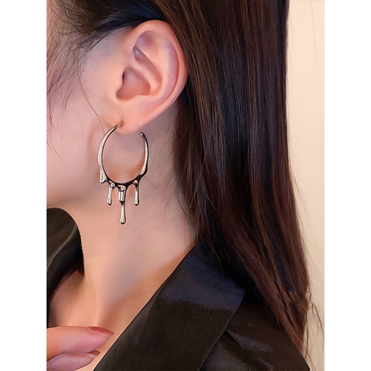 Anting Hoop Besar Punk Gothic Warna Silver Lava Drop Bentuk Tidak Teratur Untuk Wanita Pria Fashion Korea Perhiasan Logam Cair