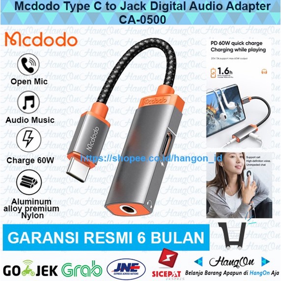 Mcdodo CA-050 Type C to Jack + Type C Audio Converter Adapter Splitter Call Function Jack 3.5mm Fast Charging 60W