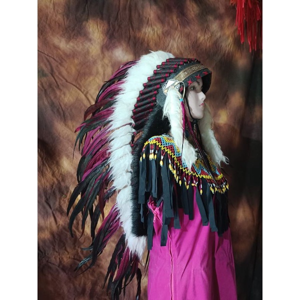Topi Indian- Headdress Medium- Bulu Ayam Red Fur Putih