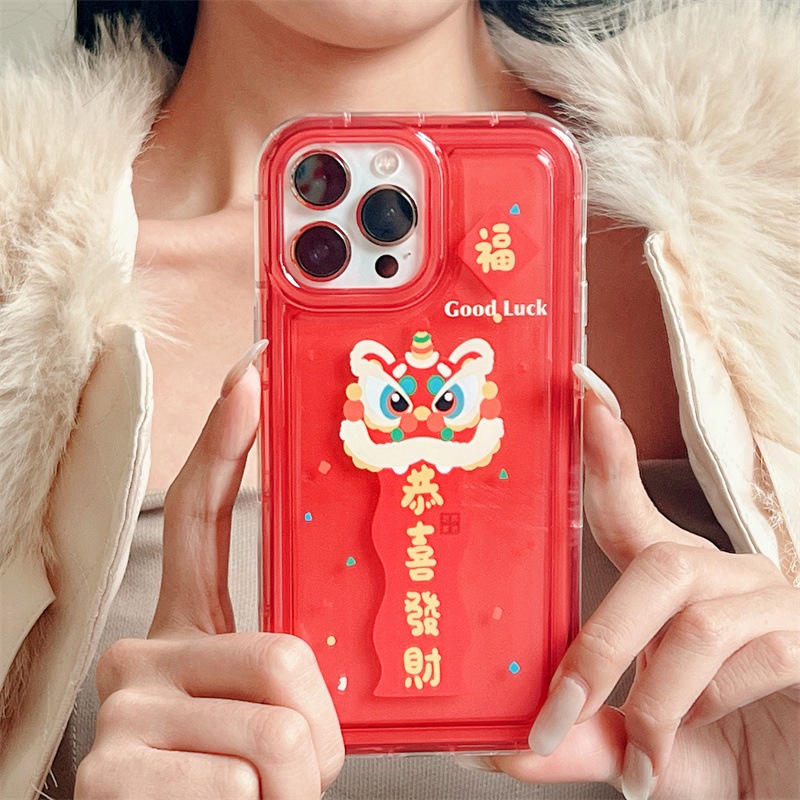 IPHONE 2023tahun Baru Cina Menari Singa Merah Casing Ponsel Cover Untuk Iphone7 8 PLUS X XR XS 11 12 13 14 PRO MAX SE 2020 TPU Pelindung